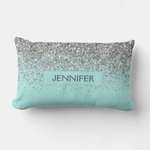 Coussin Rectangle Monogramme Turquoise Bleu argenté Nom de la Partie