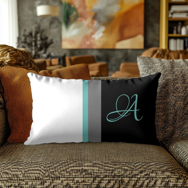 Coussin Rectangle Monogrammed Teal Gray Black Striped (Créateur téléchargé)