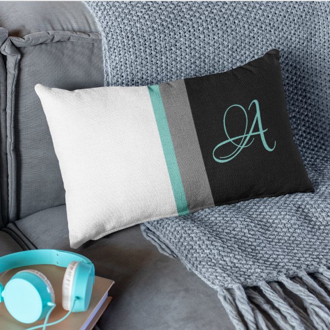 Coussin Rectangle Monogrammed Teal Gray Black Striped (Créateur téléchargé)