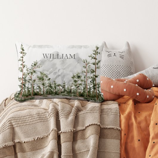 Coussin Rectangle Montagne et forêt aquarelle monogrammée