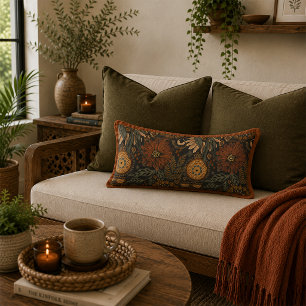 Coussin Rectangle Motif botanique terracotta sage Boho foncé