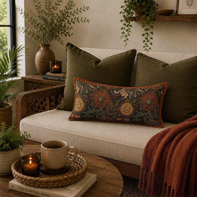 Coussin Rectangle Motif botanique terracotta sage Boho foncé (Créateur téléchargé)