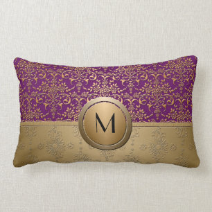 Coussin Rectangle Motif damassé à monogramme or et violet élégant