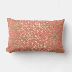 Coussin Rectangle Motif damassé corail et jaune doré