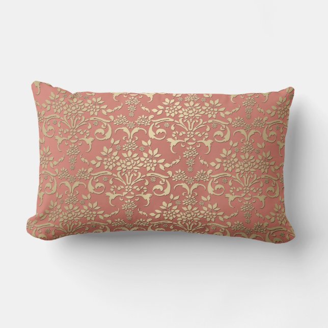 Coussin Rectangle Motif damassé corail et jaune doré (Recto)