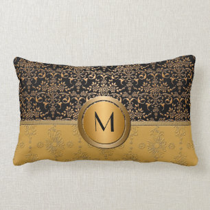 Coussin Rectangle Motif damassé doré et noir à monogramme élégant