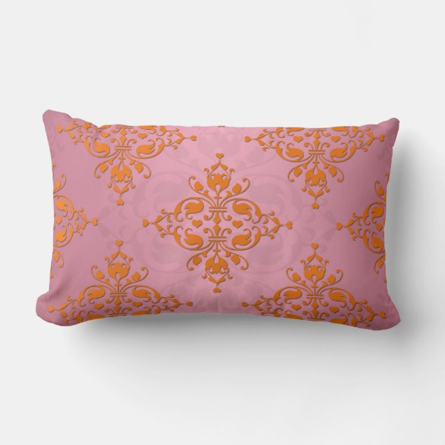 Coussin Rectangle Motif damassé orange et rose (Recto)