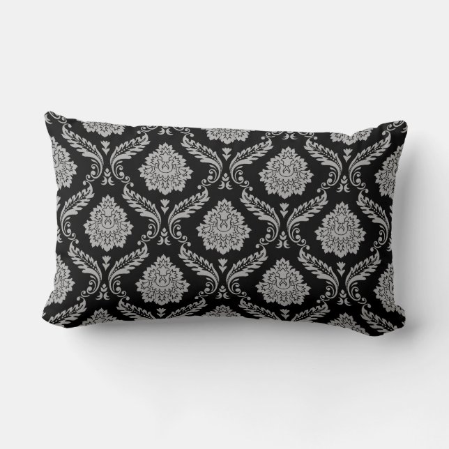 Coussin Rectangle Motif Damassé Rococo Gris sur Fond Noir (Verso)