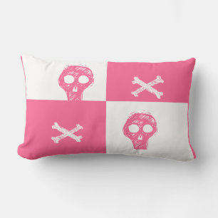 Coussin Rectangle motif damier rose et blanc crâne rose