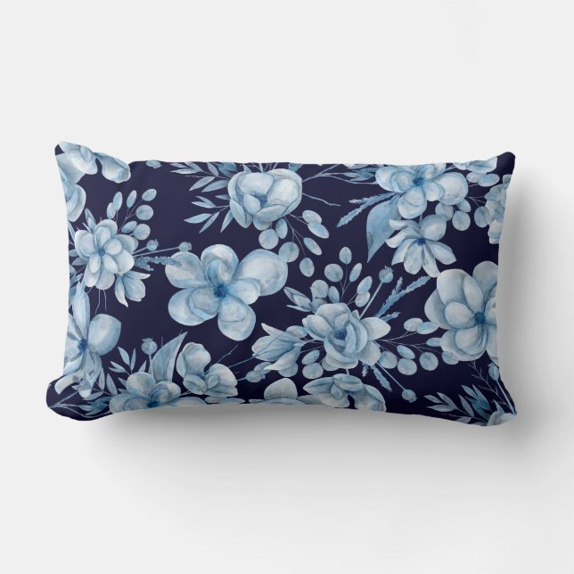 Coussin Rectangle Motif d'aquarelle bleu gris floral sur bleu marine (Recto)