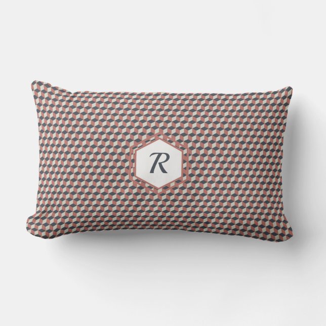 Coussin Rectangle Motif de cube géométrique en Corail, Bleu & Crème (Recto)
