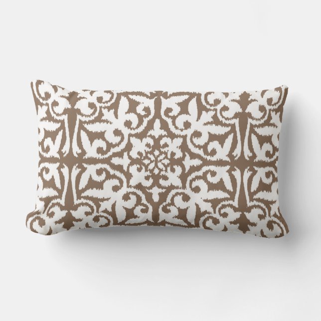 Coussin Rectangle Motif de damassé d'Ikat - Taupe Tan et blanc (Recto)
