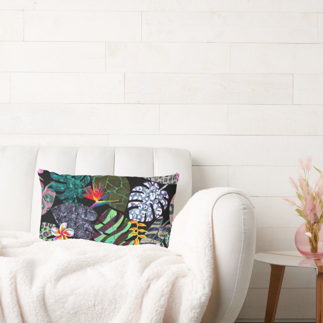 Coussin Rectangle Motif de feuilles et de fleurs tropicales vibrante (Canapé)