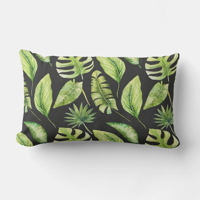Coussin Rectangle Motif de feuilles tropicales vertes botanique noir (Recto)