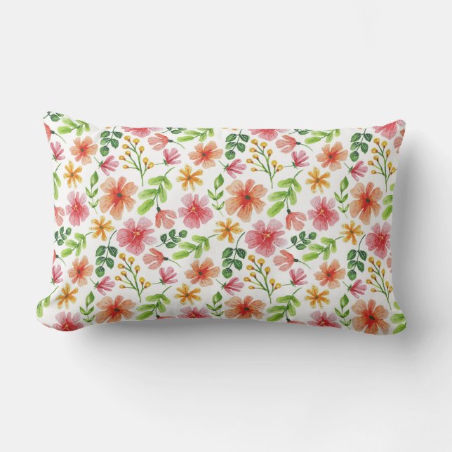 Coussin Rectangle Motif de fleurs roses à l'aquarelle (Recto)