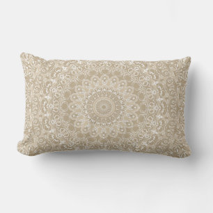 Coussin Rectangle Motif de mandala ornemental kaki et blanc