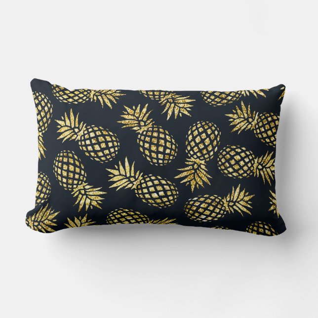 Coussin Rectangle Motif de pineapple or et bleu marine (Recto)