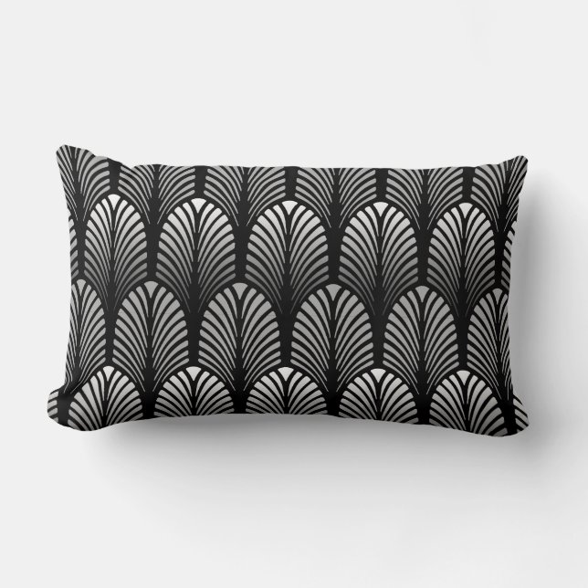 Coussin Rectangle Motif de plume d'art déco, gris argenté et noir (Recto)