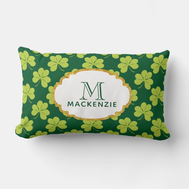 Coussin Rectangle Motif de Shamrock de trèfle vert mignon avec Monog (Recto)