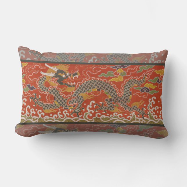 Coussin Rectangle Motif de soie Dragon Rouge et Noir Impérial (Recto)