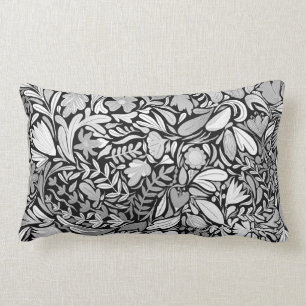 Coussin Rectangle Motif d'illustration Feuilles floraux noirs argent
