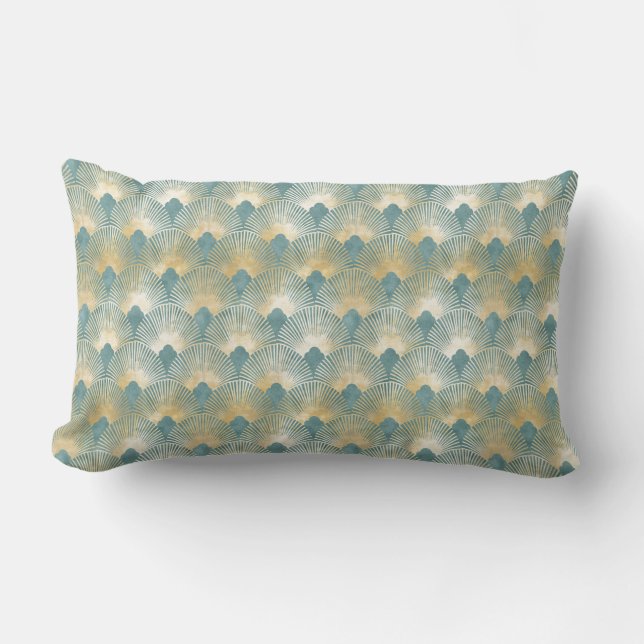 Coussin Rectangle motif d'or turquoise, motif de plumes de ventilate (Recto)