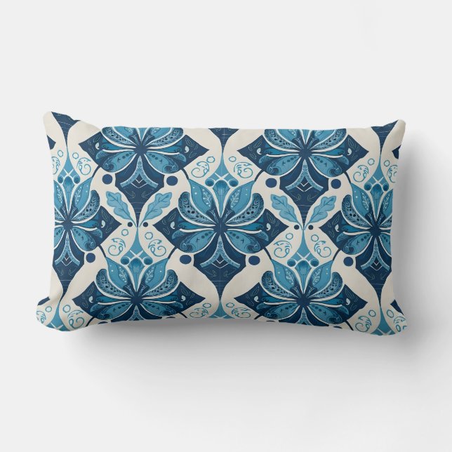 Coussin Rectangle Motif floral boho élégant en bleu (Recto)
