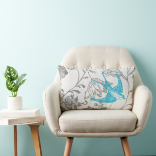 Coussin Rectangle Motif floral oiseau moderne vintage aqua et gris