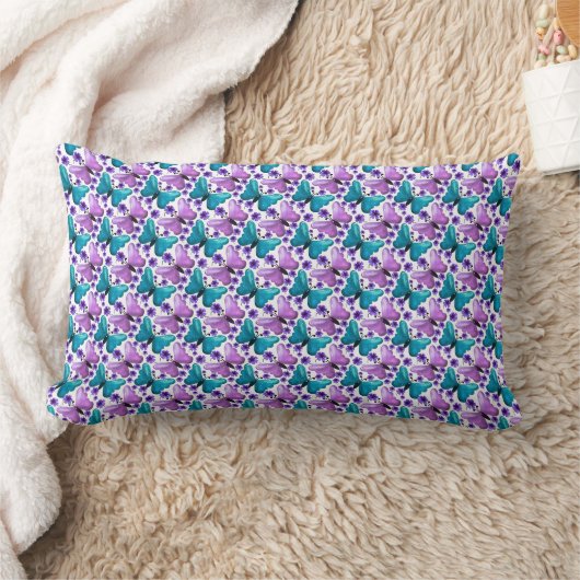 Coussin Rectangle Motif floral papillon violet cyan (Couverture)