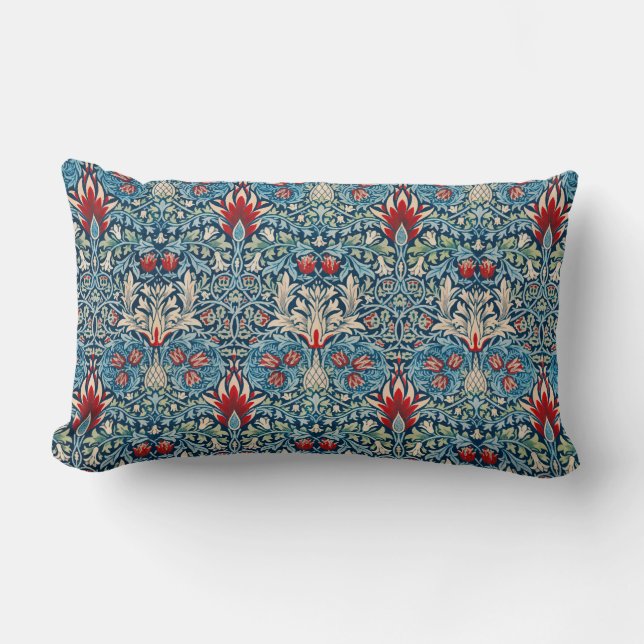 Coussin Rectangle Motif floral sur fond bleu de feuilles vertes (Recto)