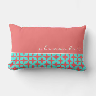 Coussin Rectangle Motif géométrique corail et turquoise Nom person