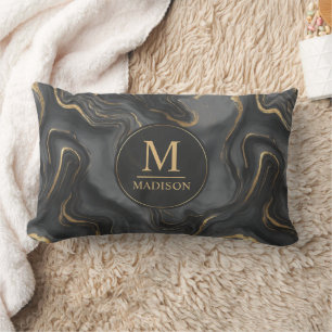 Coussin Rectangle Motif Marbre Paillettes Or Personnalisé Gris Noir