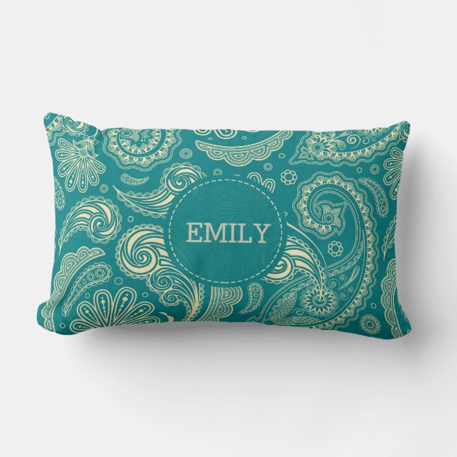 Coussin Rectangle Motif Monogramme Blue Green Paisley (Recto)