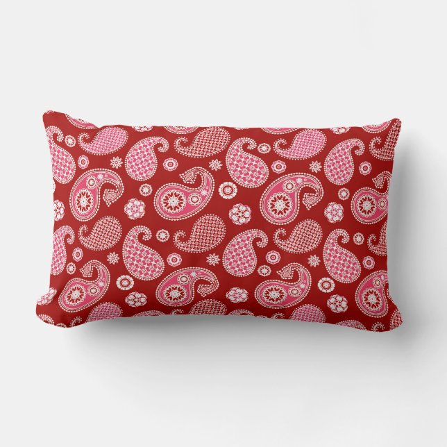 Coussin Rectangle Motif Paisley, rouge foncé, blanc et rose corail (Recto)