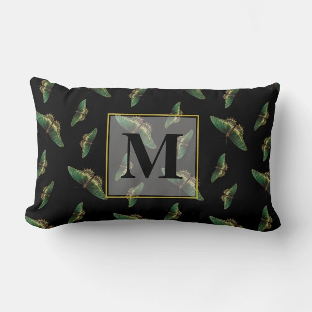 Coussin Rectangle Motif papillon Monogramme noir et vert (Recto)