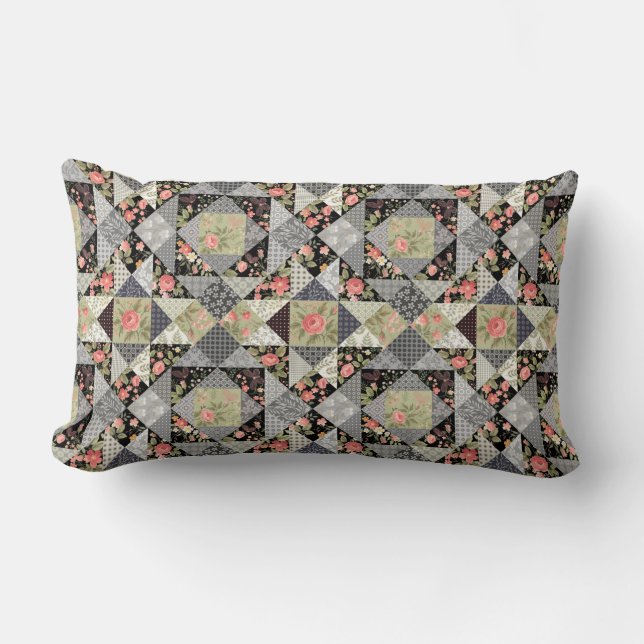 Coussin Rectangle Motif Patchwork Papillons Fleurs Rose de feuillage (Recto)
