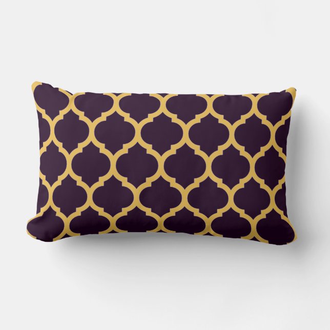 Coussin Rectangle Motif Quatrefoil Marocain Violet Foncé et Brun (Recto)