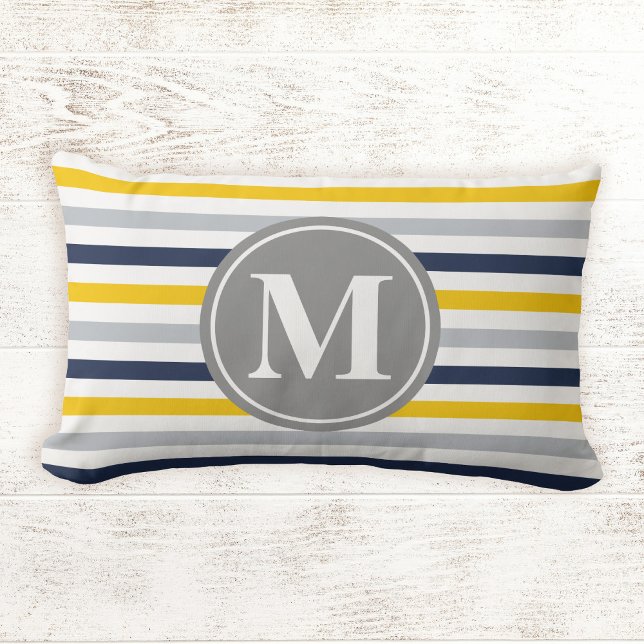 Coussin Rectangle Motif rayé bleu bleu marine Monogramme (Créateur téléchargé)