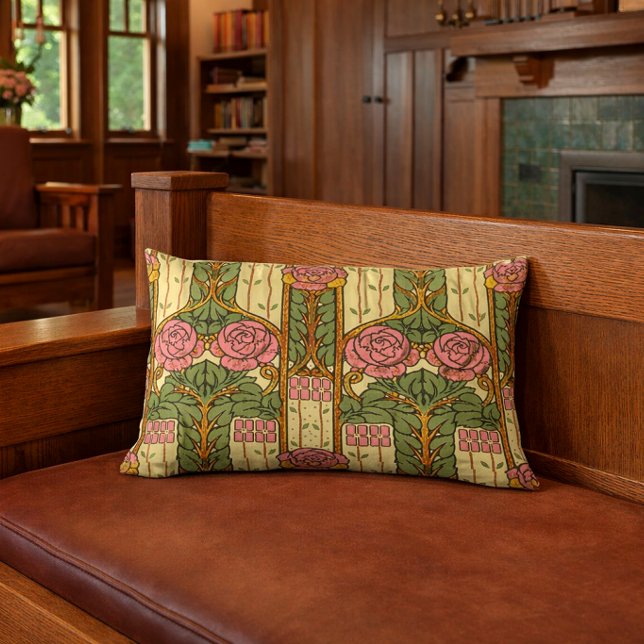 Coussin Rectangle Motif rétro d'arts et artisanat à fleurs et feuill (Créateur téléchargé)