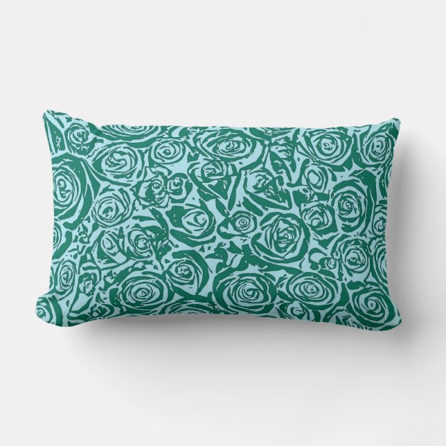 Coussin Rectangle Motif Rose Abstrait moderne, Turquoise et Aqua (Recto)