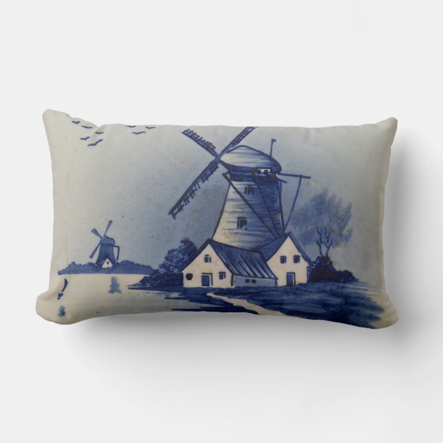 Coussin Rectangle Moulin à vent bleu blanc Delft antique (Recto)