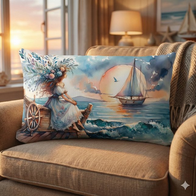 Coussin Rectangle Murmures de la mer au coucher du soleil (Whispers of the Sea at Sunset Lumbar Pillow Mockup A)