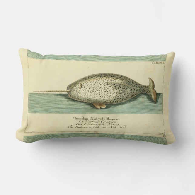 Coussin Rectangle Narwhal Antique Baleine Aquarelle Art scientifique (Recto)