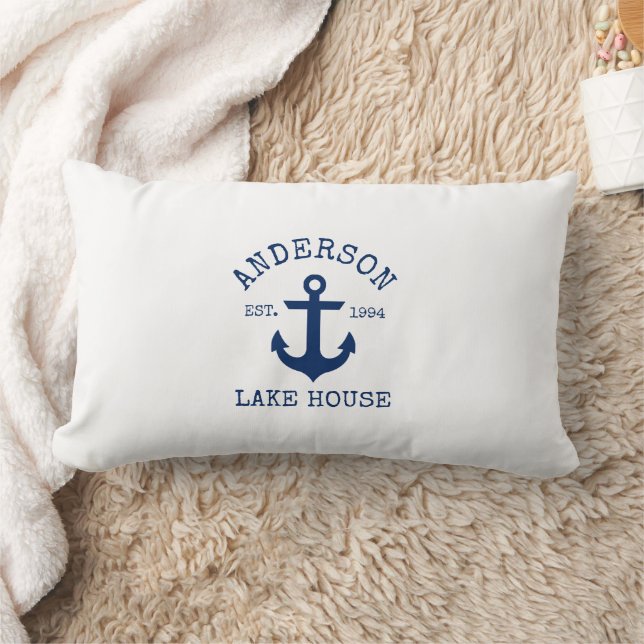 Coussin Rectangle Nautical Lake House Nom de famille Marine Blue Anc (Couverture)