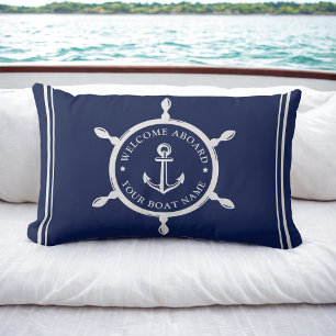 Coussin Rectangle Nautical Navy Blue Welcome À Bord Nom de bateau pe