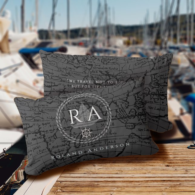 Coussin Rectangle Nautical Rope Monogram Map Grey (Nautical Map Traveller Monogram Dark Grey Accent Pillow .)