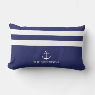 Coussin Rectangle Nautical Stripes Nom du bateau ancre blanche marin