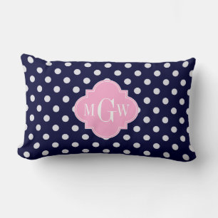 Coussin Rectangle Navy Blanc Points Roses Quatrefeuille 3 Monogramme