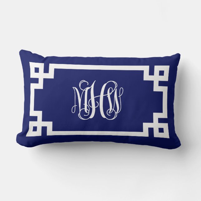 Coussin Rectangle Navy Blanc Vigne Script Monogramme Grec clé DIY Fo (Recto)