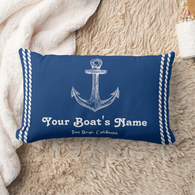 Coussin Rectangle Navy Blue Nautical Welcome À propos de Custom Boat (Couverture)